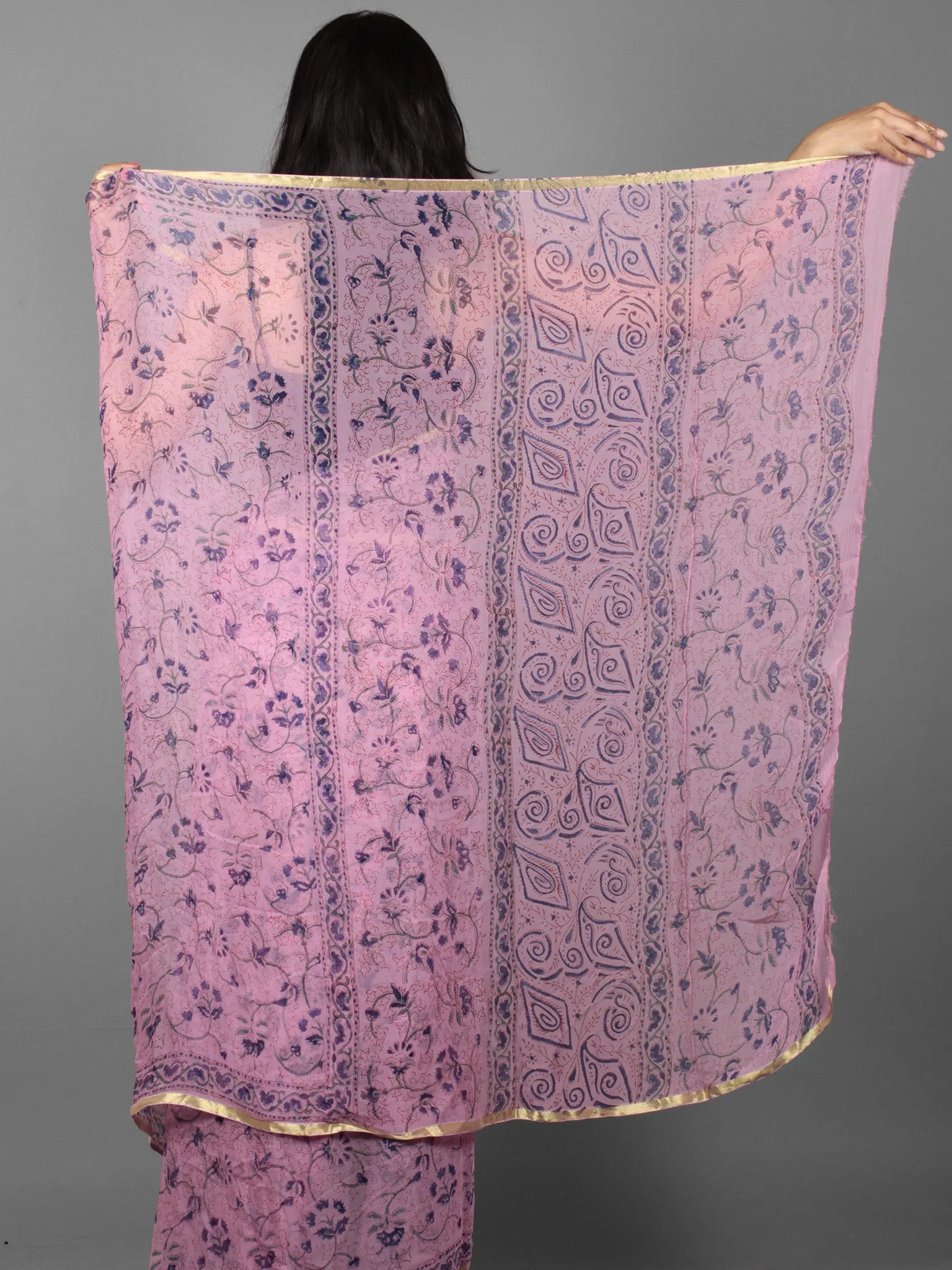 Lavender Blue Hand Block Printed Chiffon Saree - S031701894